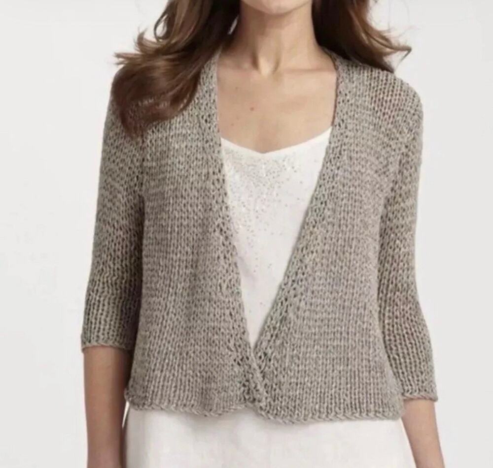 Eileen Fisher Gray Sz S Petite loose knit open front cardigan 3/4 length sleeves